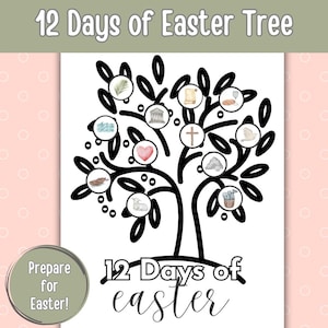 Puede incluir: Un árbol de Pascua de 12 días imprimible en blanco y negro con una cruz, una paloma, un corazón y otros símbolos de Pascua. El texto "Prepare for Easter!" y "12 Days of easter" está incluido.
