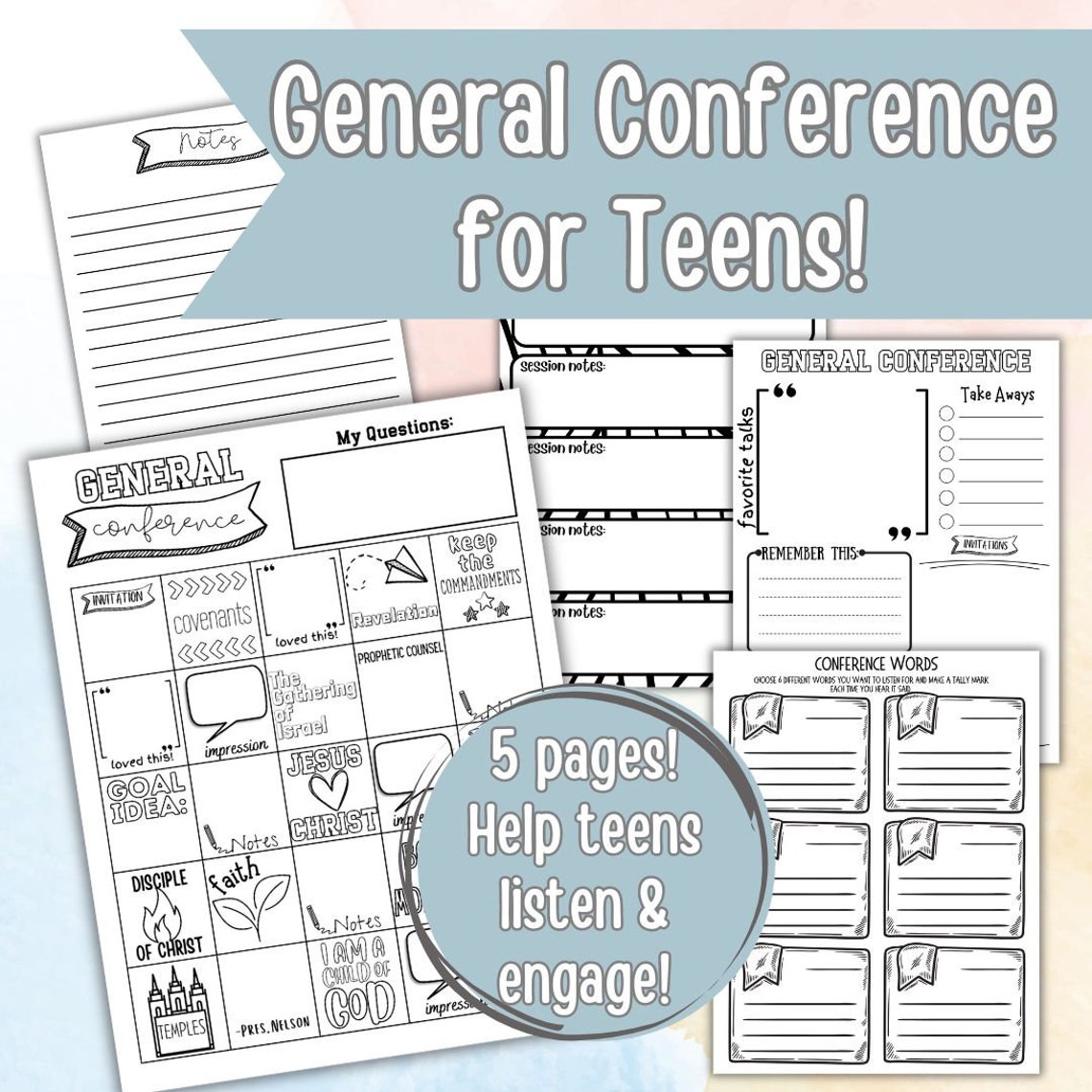 printable worksheets for teens for LDS general conference for the church of jesus christ of latter day saints fun and engaging ways to help teens take notes and have fun during general conference, conference squares, conference journal, notes