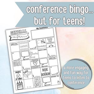 LDS総大会 10代のためのビンゴ、学習ノート活動 大会スクエア 子供のための活動日 若い女性 楽しい印刷可能な若者