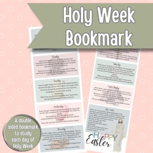 Puede incluir: Un marcapáginas de la Semana Santa de doble cara con texto para cada día de la semana, incluyendo desafíos y preguntas. El marcapáginas tiene un fondo rosa claro con texto verde y blanco. Las palabras "Felices Pascuas" están en la parte inferior.