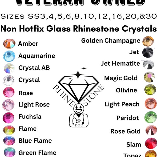 Non Hotfix Flatback Glass Rhinestones Sizes SS3, SS4, SS5, SS6, SS8, SS10, SS12, SS16, SS20, SS30 (1440)