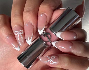 Pink French Press Nails with Bow | Valentine Nails | Elegant Nails | Bridal Nails | Pink Nails (Only available in size L)
