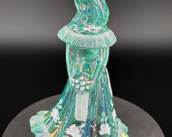 Fenton Art Glass | Iridescent Green Girl Figurine with Flowers, Signed | Vintage Carnival Glass