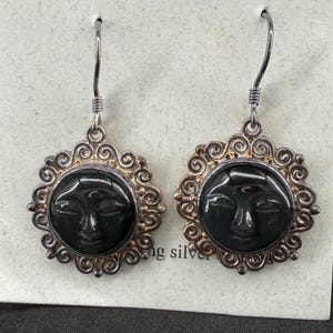 Sajen Marianna & Richard Sterling Silver Carved Face Earrings (with box and pouch) – Onyx Black, Boho Bali Style