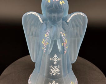 Fenton Art Glass | Blue Child Angel Figurine Hand-painted, Signed | Vintage Carnival Glass