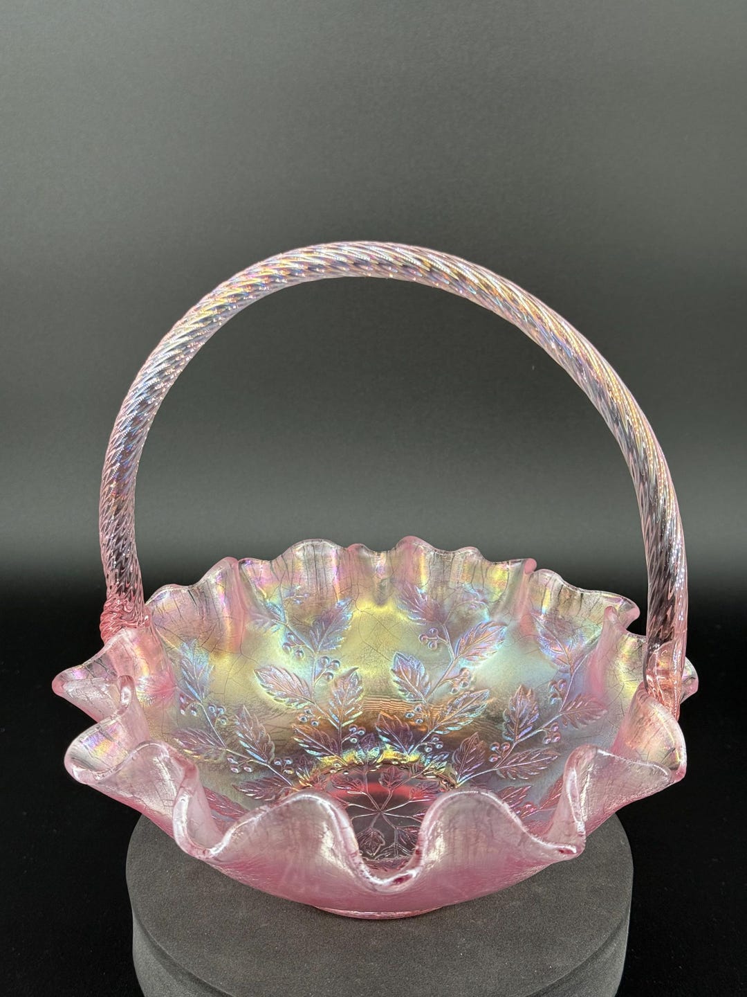 Pink Ruffle Rim Fenton Art Glass | Iridescent Pink Ruffle-rim Basket With Handle ...