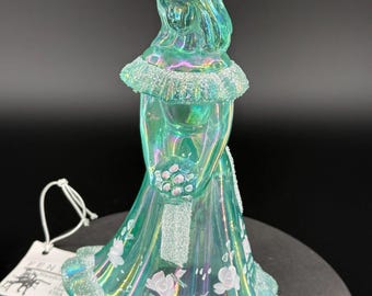 Fenton Art Glass | Iridescent Green Girl Figurine with Flowers, Signed | Vintage Carnival Glass