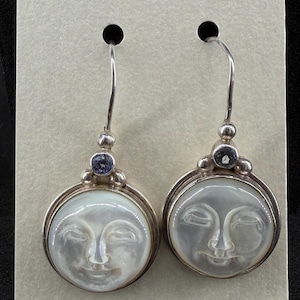 Sajen Marianna & Richard Sterling Silver Moon Face Earrings with Blue Gemstones – 1990s–2000s Celestial Jewelry - Original Box and Pouch