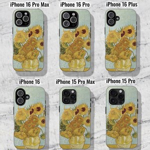 May include: A set of 10 phone cases featuring a painting of sunflowers in a vase. The cases are available for iPhone 16 Pro Max, iPhone 16 Pro, iPhone 16 Plus, iPhone 16, iPhone 15 Pro Max, and iPhone 15 Pro.