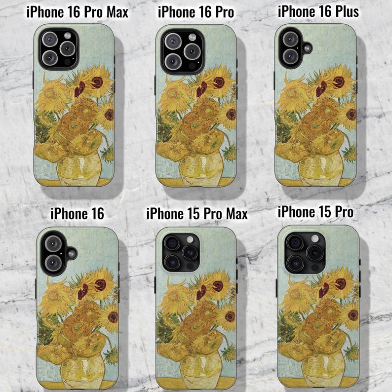 May include: A set of 10 phone cases featuring a painting of sunflowers in a vase. The cases are available for iPhone 16 Pro Max, iPhone 16 Pro, iPhone 16 Plus, iPhone 16, iPhone 15 Pro Max, and iPhone 15 Pro.