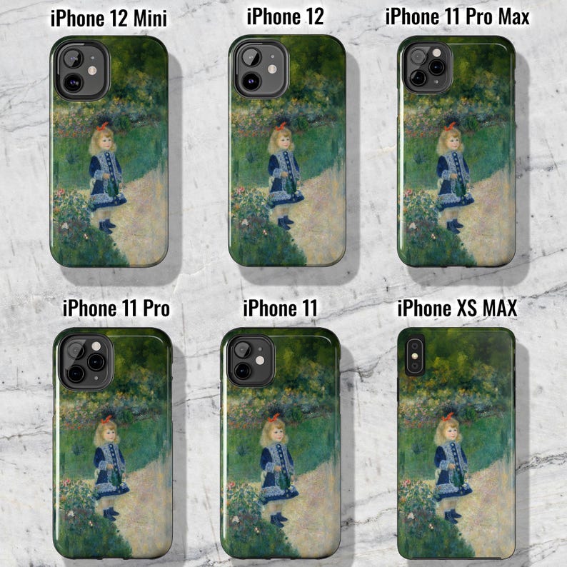 May include: A set of six phone cases featuring a painting of a young girl in a garden. The cases are available for iPhone 12 Mini, iPhone 12, iPhone 11 Pro Max, iPhone 11 Pro, iPhone 11, and iPhone XS MAX.