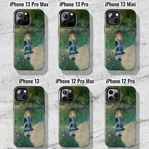 May include: Six different phone cases featuring a painting of a young girl in a garden. The cases are for iPhone 13 Pro Max, iPhone 13 Pro, iPhone 13 Mini, iPhone 13, iPhone 12 Pro Max, and iPhone 12 Pro.