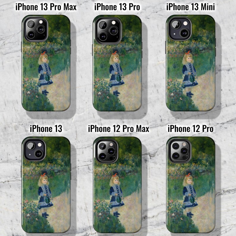 May include: Six different phone cases featuring a painting of a young girl in a garden. The cases are for iPhone 13 Pro Max, iPhone 13 Pro, iPhone 13 Mini, iPhone 13, iPhone 12 Pro Max, and iPhone 12 Pro.