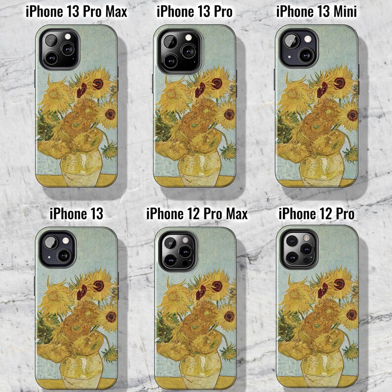 May include: Six different phone cases featuring a painting of sunflowers in a vase. The cases are for iPhone 13 Pro Max, iPhone 13 Pro, iPhone 13 Mini, iPhone 13, iPhone 12 Pro Max, and iPhone 12 Pro.