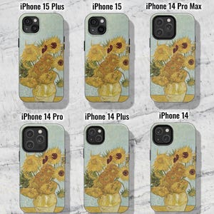 May include: Six different iPhone cases featuring a painting of sunflowers in a vase. The cases are for the iPhone 15 Plus, iPhone 15, iPhone 14 Pro Max, iPhone 14 Pro, iPhone 14 Plus, and iPhone 14.