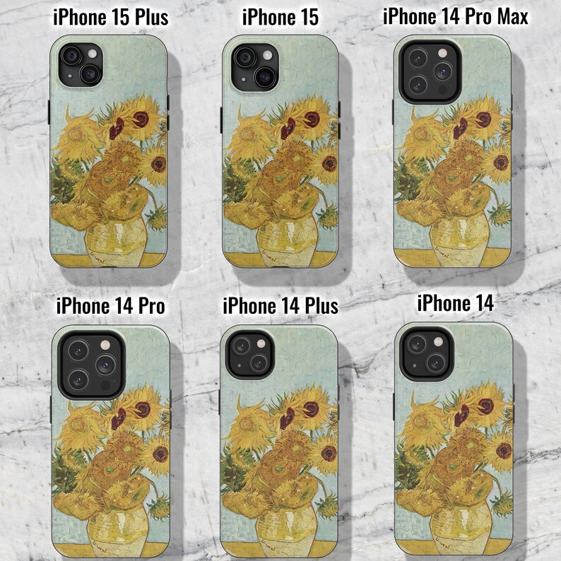 May include: Six different iPhone cases featuring a painting of sunflowers in a vase. The cases are for the iPhone 15 Plus, iPhone 15, iPhone 14 Pro Max, iPhone 14 Pro, iPhone 14 Plus, and iPhone 14.