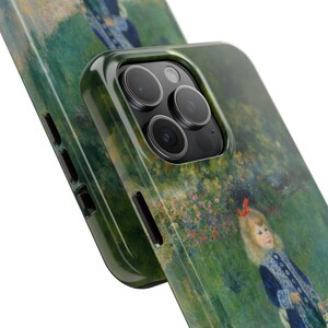 May include: A green, blue, and white phone case with a painting of a girl in a blue dress and a red bow in her hair. The case has a cutout for the phone's camera.