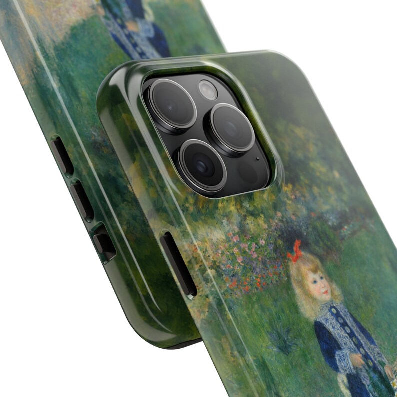 May include: A green, blue, and white phone case with a painting of a girl in a blue dress and a red bow in her hair. The case has a cutout for the phone's camera.