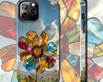 Colorful Stained Glass Flower Tough Phone Case, Artistic Floral Design Protective Cover, Handcrafted Unique Accessory Gift, Gift for Mom