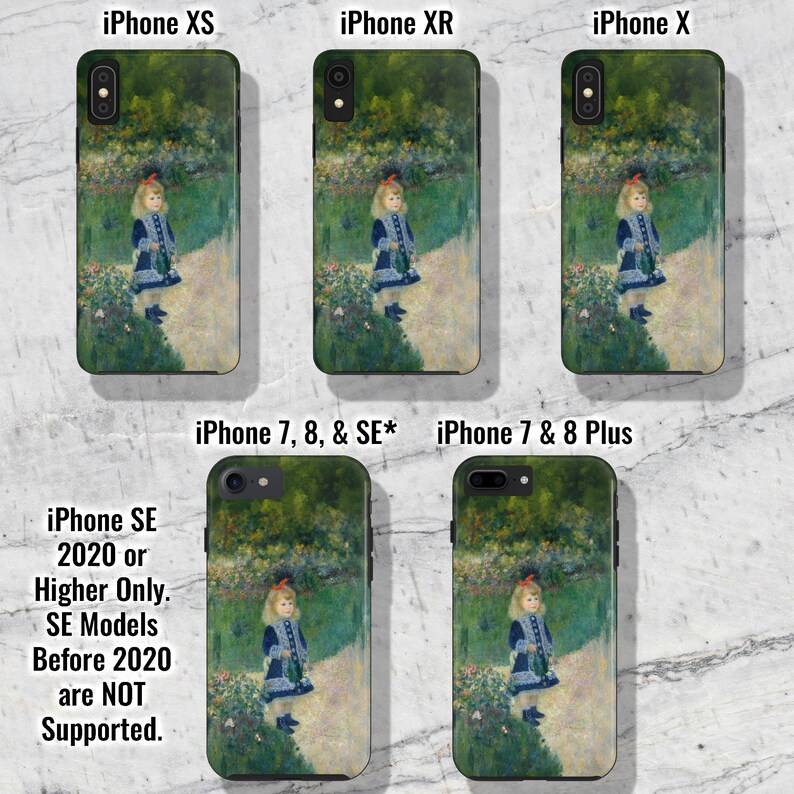 May include: A set of phone cases featuring a painting of a young girl in a garden. The cases are available for iPhone XS, iPhone XR, iPhone X, iPhone 7, 8, and SE, and iPhone 7 and 8 Plus. The text "iPhone SE 2020 or Higher Only. SE Models Before 2020 are NOT Supported." is also included in the image.