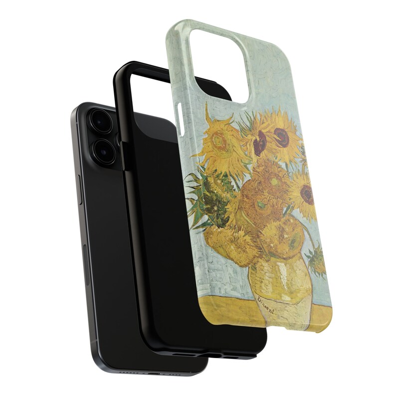 May include: A phone case featuring a painting of sunflowers in a vase. The painting is by Vincent van Gogh and is in a yellow, brown, and green color scheme. The case is black and has a cutout for the phone's camera.