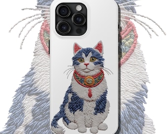 Vibrant Embroidery Style Art Cat Tough iPhone Case, Floral Pattern Kitten Design, Pet Lover Gift Idea, Durable Protective Cover, Mom Gift