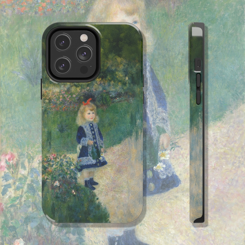 May include: A phone case with a painting of a young girl in a blue dress holding a watering can in a garden setting. The case has a black camera bump with three lenses.