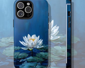 Elegant White Lotus Flower Tough iPhone Case, Serene Lake Design, Blue Watercolor Background, Artistic Floral Cover, Gift for Mom, Unique