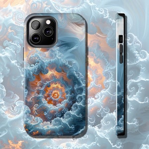 May include: A phone case with a swirling blue and orange abstract design. The case has a camera cutout and a black border.