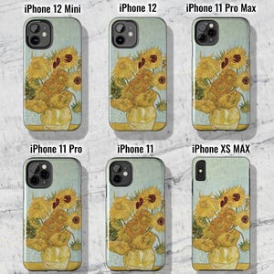 May include: Six different phone cases featuring a painting of sunflowers in a vase. The cases are for iPhone 12 Mini, iPhone 12, iPhone 11 Pro Max, iPhone 11 Pro, iPhone 11, and iPhone XS MAX.