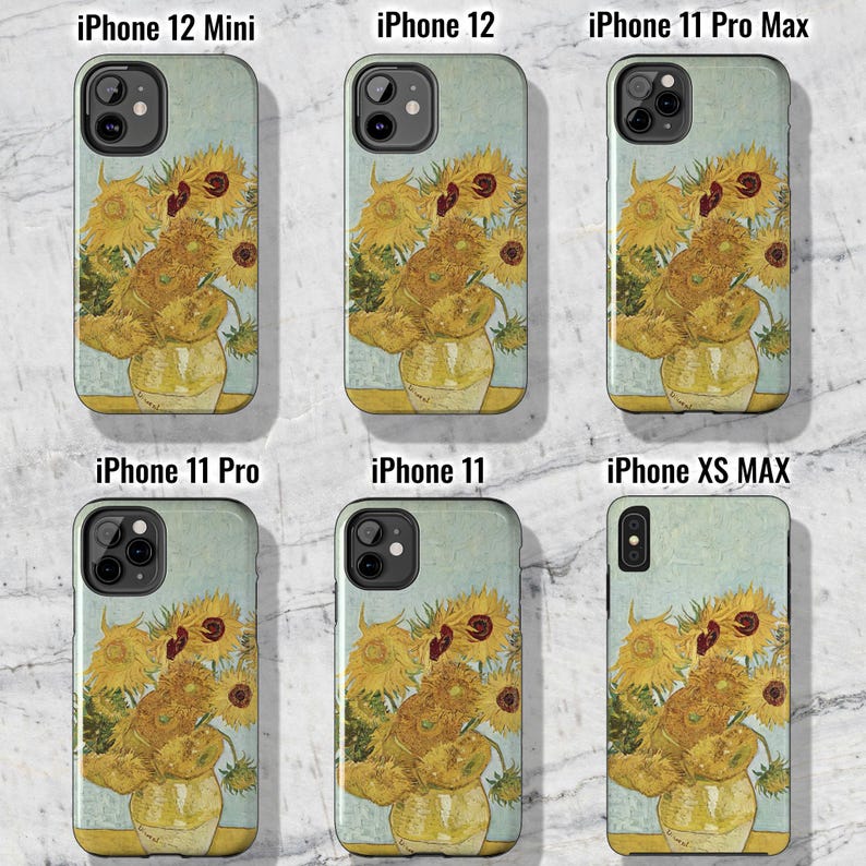 May include: Six different phone cases featuring a painting of sunflowers in a vase. The cases are for iPhone 12 Mini, iPhone 12, iPhone 11 Pro Max, iPhone 11 Pro, iPhone 11, and iPhone XS MAX.