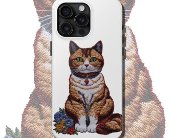 Vibrant Embroidery Style Art Cat Too Tough iPhone Case, Floral Pattern Kitten Design, Pet Lover Gift Idea, Durable Protective Cover,Mom Gift