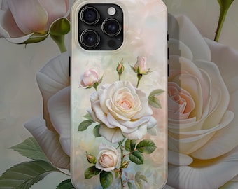 Elegant White Rose Tough iPhone Case, Floral Design Protective Phone Cover, Stylish iPhone Accessory, Artistic Rose Pattern Case, Pure Love
