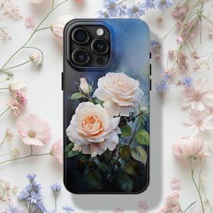 Elegant White and Peach Roses Tough iPhone Case, Unique Artistic Floral Design Phone Cover, Protective and Stylish Gift Idea, Gardener Gift