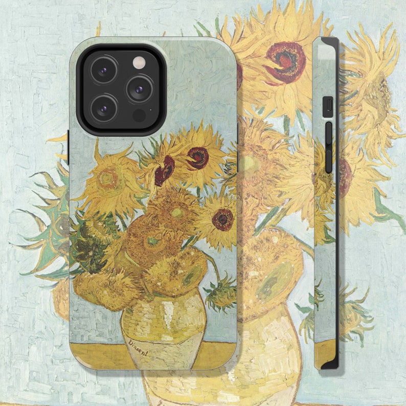 May include: A phone case featuring a painting of sunflowers in a vase. The case is black and has a cutout for the camera lens. The painting is by Vincent van Gogh.