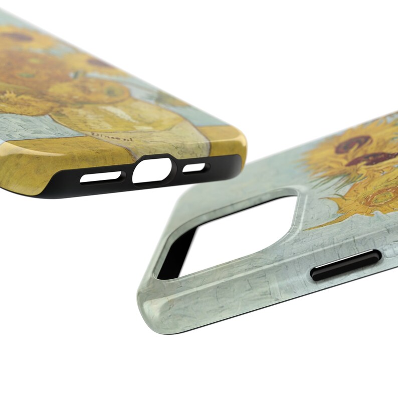 May include: Two phone cases with a sunflower design. The cases are black with a clear plastic back that shows the design. The design is a painting of sunflowers.