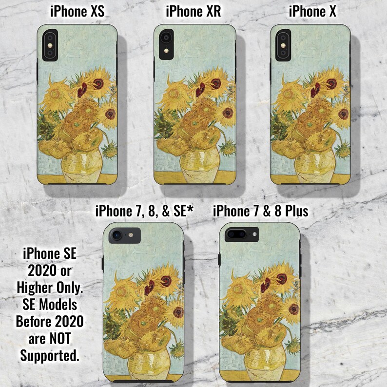 May include: A set of phone cases featuring a painting of sunflowers in a vase. The cases are shown in different sizes for iPhone models, including iPhone XS, iPhone XR, iPhone X, iPhone 7, 8, and SE, and iPhone 7 and 8 Plus. The text "iPhone SE 2020 or Higher Only. SE Models Before 2020 are NOT Supported." is also shown.