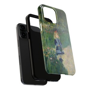 May include: A black phone case with a painting of a young girl in a blue dress holding a watering can in a garden setting.
