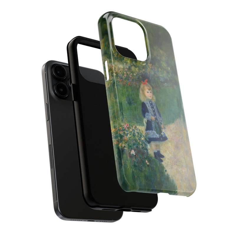 May include: A black phone case with a painting of a young girl in a blue dress holding a watering can in a garden setting.