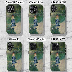 May include: Six different phone cases featuring a painting of a young girl in a garden. The cases are for iPhone 16 Pro Max, iPhone 16 Pro, iPhone 16 Plus, iPhone 16, iPhone 15 Pro Max, and iPhone 15 Pro.