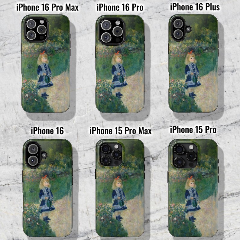 May include: Six different phone cases featuring a painting of a young girl in a garden. The cases are for iPhone 16 Pro Max, iPhone 16 Pro, iPhone 16 Plus, iPhone 16, iPhone 15 Pro Max, and iPhone 15 Pro.