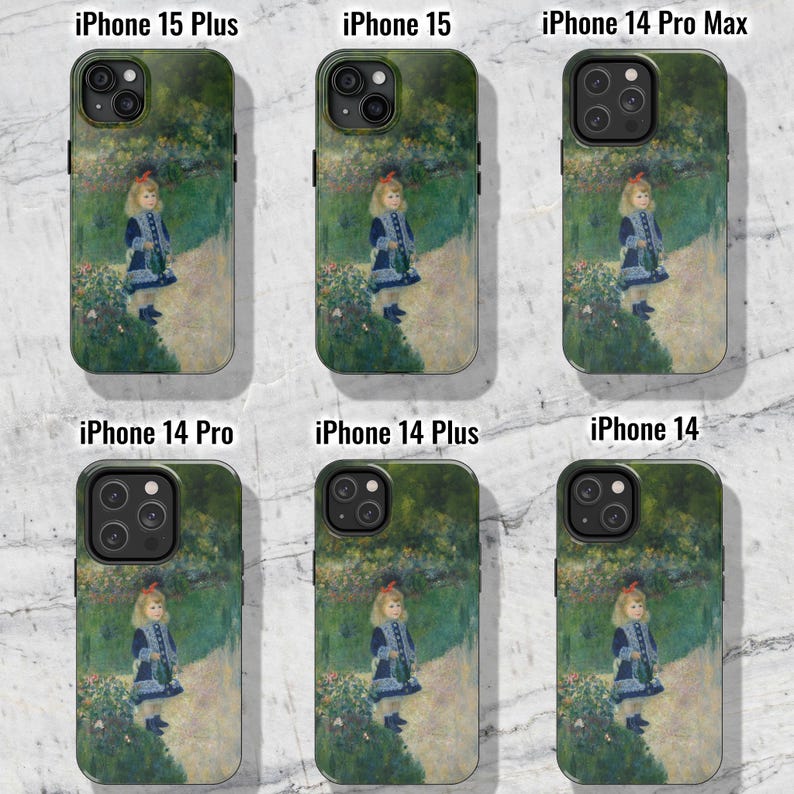 May include: A set of six phone cases featuring a painting of a young girl in a garden. The cases are available for iPhone 15 Plus, iPhone 15, iPhone 14 Pro Max, iPhone 14 Pro, iPhone 14 Plus, and iPhone 14.