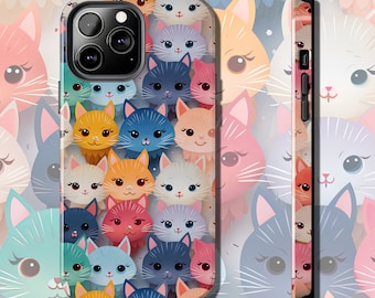 Cute Cat Faces Tough iPhone Case, Colorful Kitten Illustration, Artistic Cat Lovers Protective Cover, iPhone 15, iPhone 14, Art Lover Gift