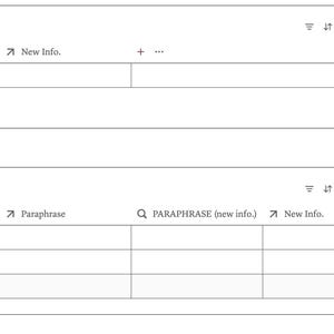 May include: A digital interface featuring two distinct sections labeled Paraphrase and Combine. Each section contains a table with column headers including Sentences, New Info, Paraphrase, and PARAPHRASE (new info), along with a New button.