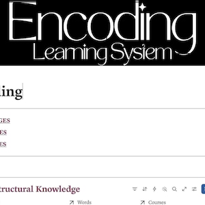 Op de afbeelding: Een digitale interface getiteld Encoding Learning System met een zwarte koptekst en witte tekst. Hieronder bevat een sectie genaamd Encoding links voor Colleges, Degrees en Courses. Een onderste paneel toont Pre-Structural Knowledge.