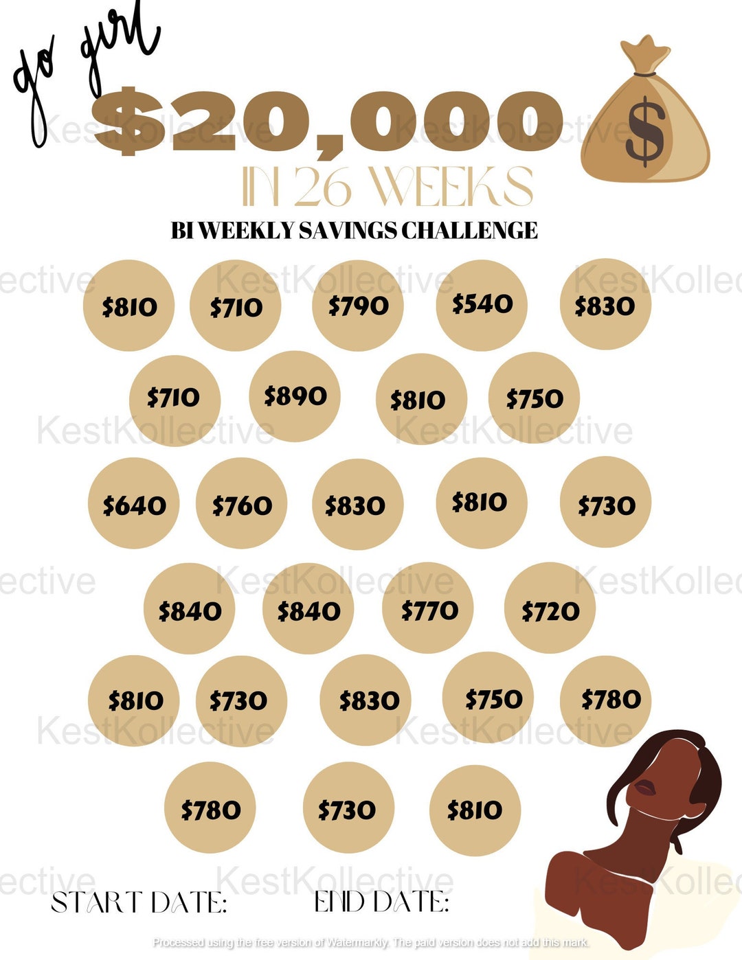 Bi Weekly 20k Savings Challenge, Save 20,000 in 26 Weeks Printable ...