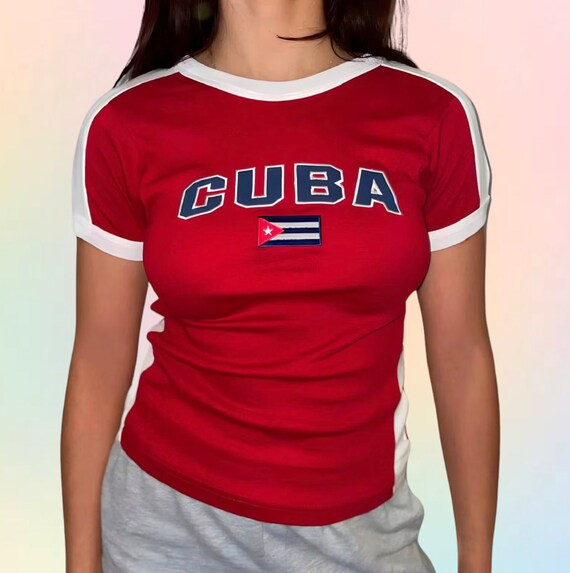 Cuba Flag Embroidered Womens Baby Tee Cotton Shirt, Cuba