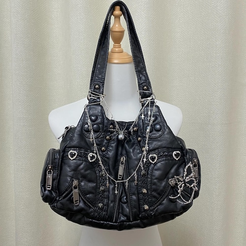 design leather west bag Y2K お兄さん系 kmrii Black Mini Leather Y2K Bag - Retro Gothic Aesthetic Handbag – The