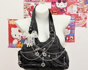 Y2K Handmade Shoulder Bag Punk Leather Tote Bag Chain Rivet