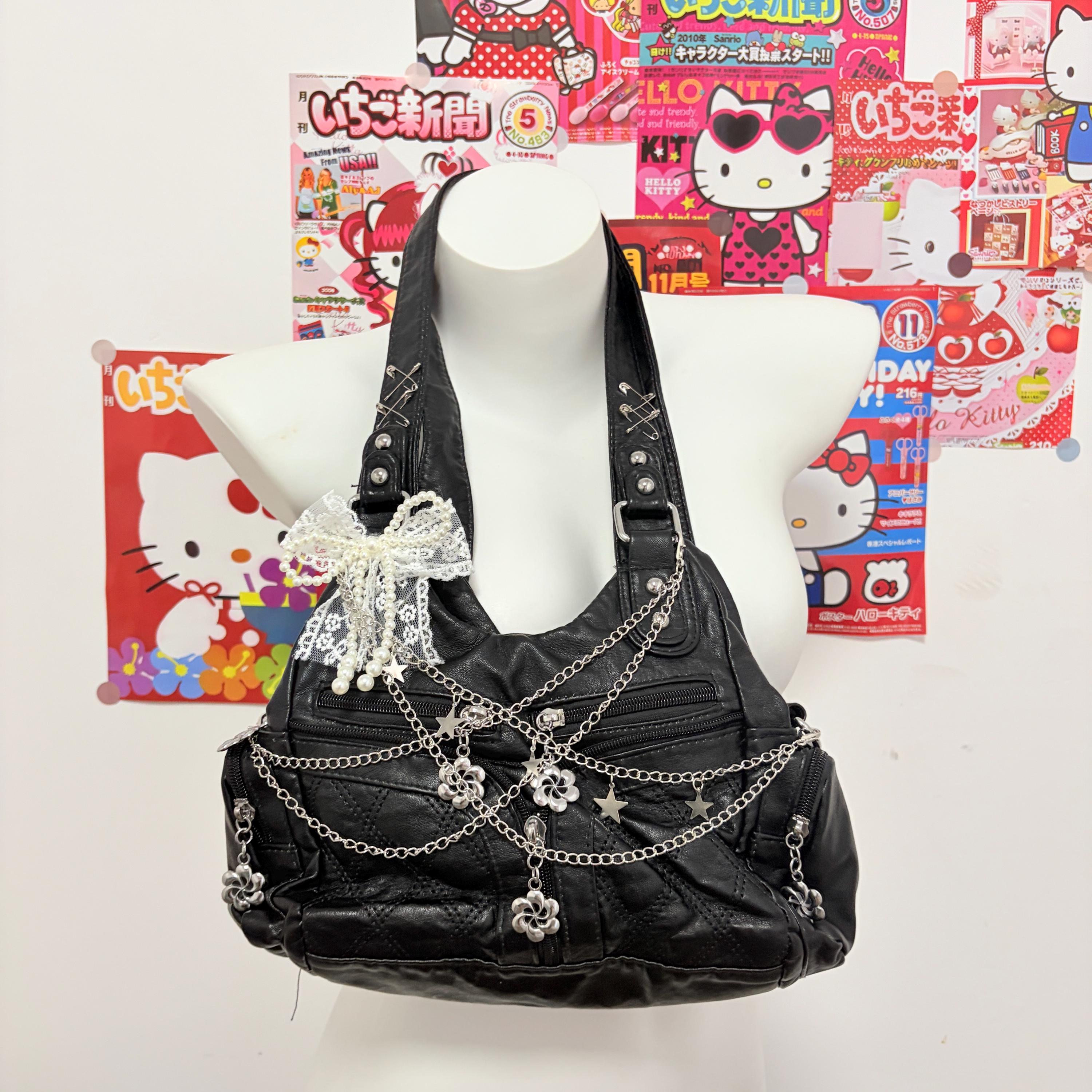 Y2K Handmade Shoulder Bag Punk Leather Tote Bag Chain Rivet